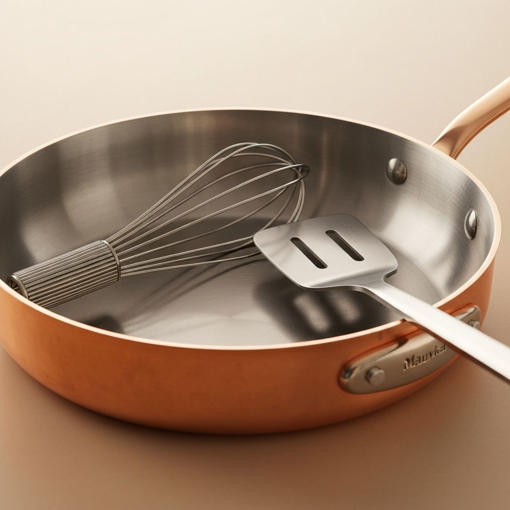 Mauviel copper cookware with stainless steel interior safe for metal utensils and whisks